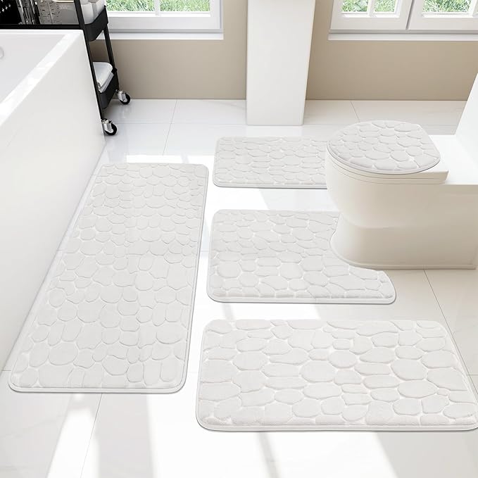 YIHOUSE Bathroom Rugs Mat Set, Memory Foam Bath Mat 5 Piece White