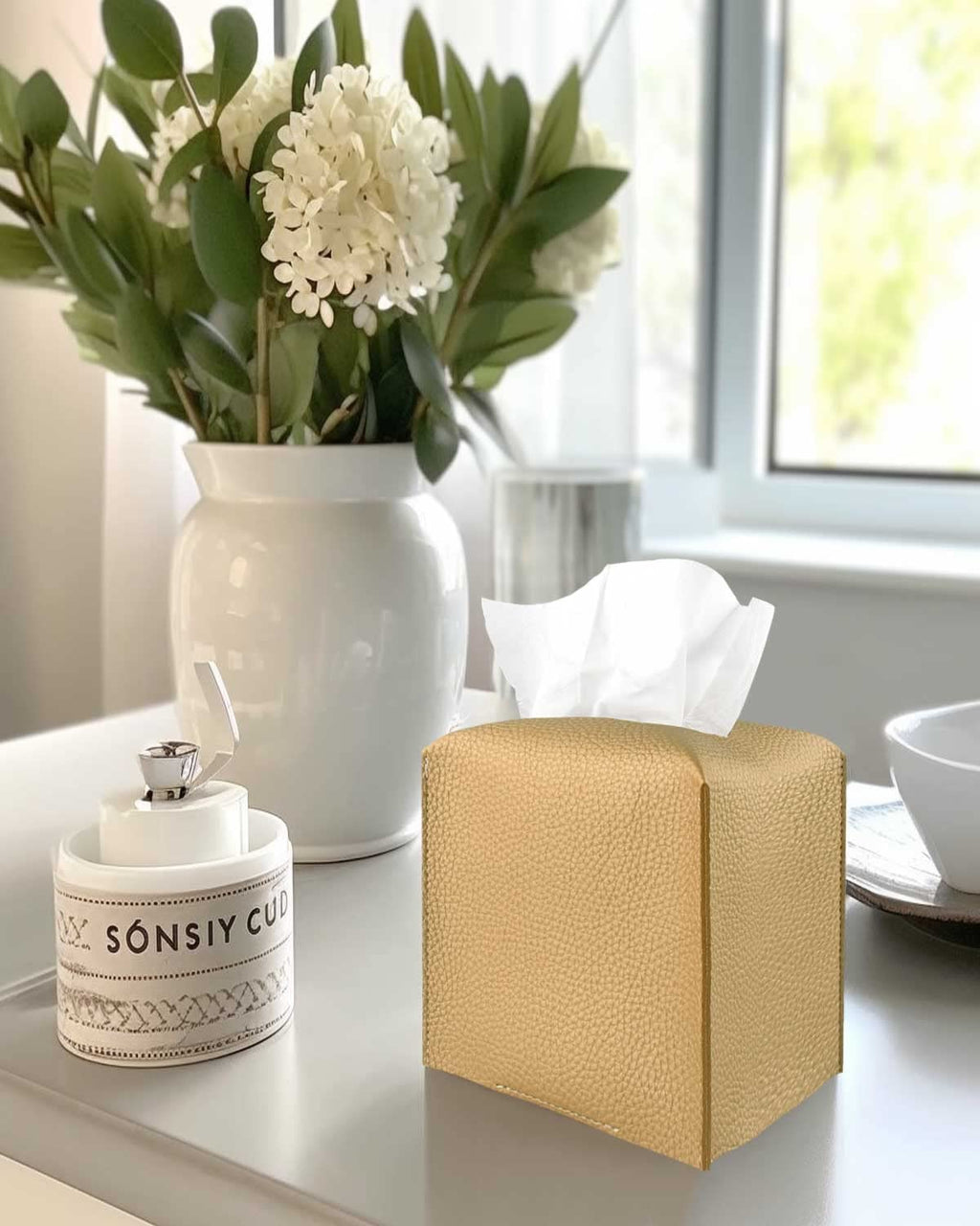 Gold Tissue Box Cover Leather – Tissue Holder with Bottom Belt by JESMINI, Decorative Aesthetic PU Leather Tissue Box Holder for Bathroom Home Office Decor