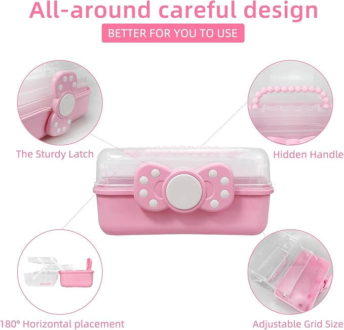 10.6in 3-Layer Multipurpose Storage Box Art Craft Organizer Storage Box Kids Clear Plastic Portable Storage Box/Tool Box with Handle for Sewing,Cosmetic,Medicine,Nail,Hair Accessories (Pink)