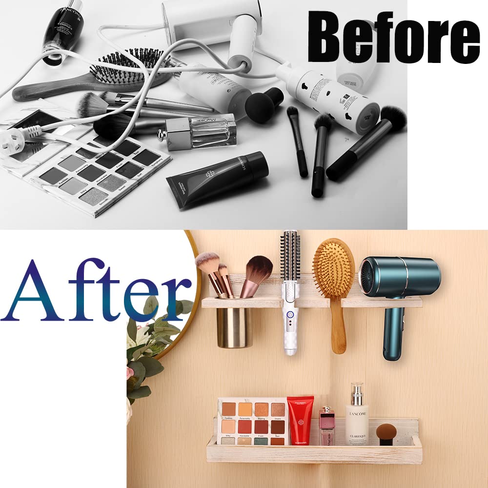 Wall Mount Hair Tool Organizer, 2 Tier Rustic Wooden Blow Dryer Holder