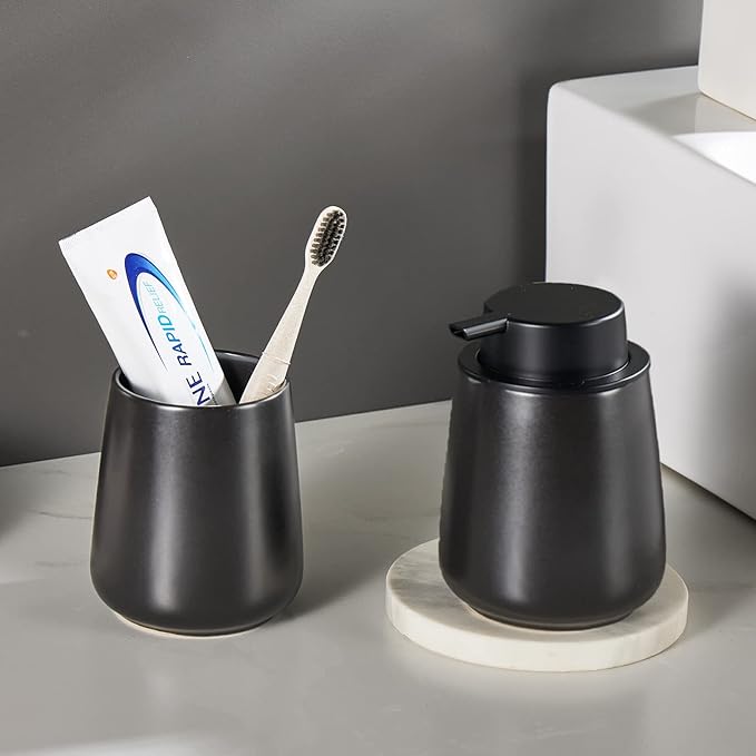 12Oz Hand Soap Dispenser Set - 2 Pack Ceramic Lotion Soap Dispenser Set with Easy-to-Press Black Pump, Refillable Mordern Liquid Dish Soap Dispensers for Bathroom & Kitchen (Black, Liquid Pump)