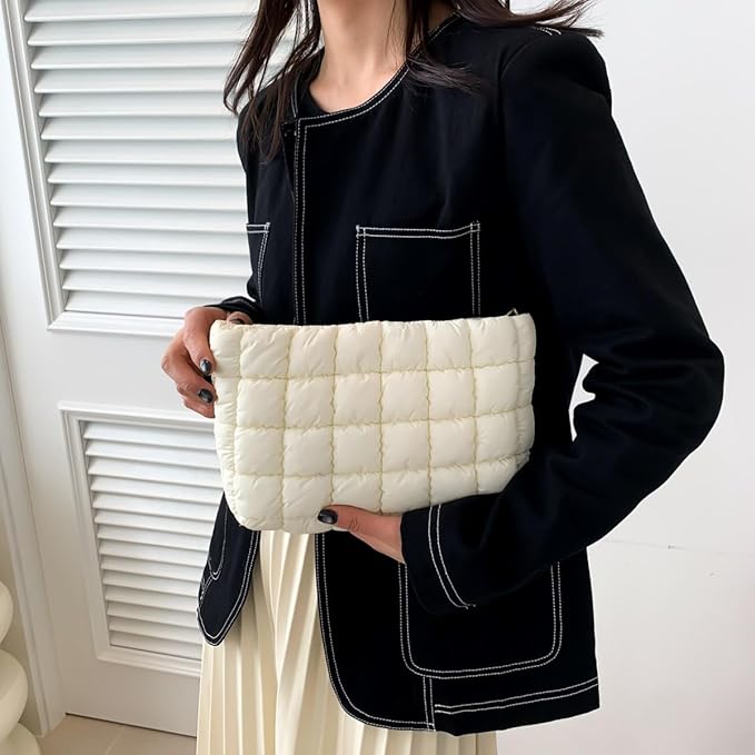 HFLZBRO Puffy Quilted Makeup Bag for Women, Cosmetic Bag, Travel Toiletry Organizer Pouch Clutch (white)