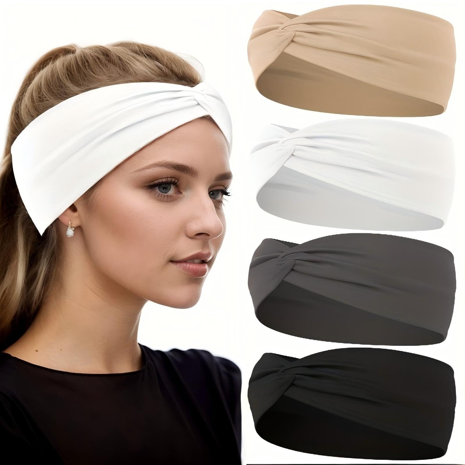 Luuao Stretchy Wide Headbands for Women - 4 Pcs Non Slip, Soft Twist Knotted Hair Bands for Yoga Workout(4 Color4)