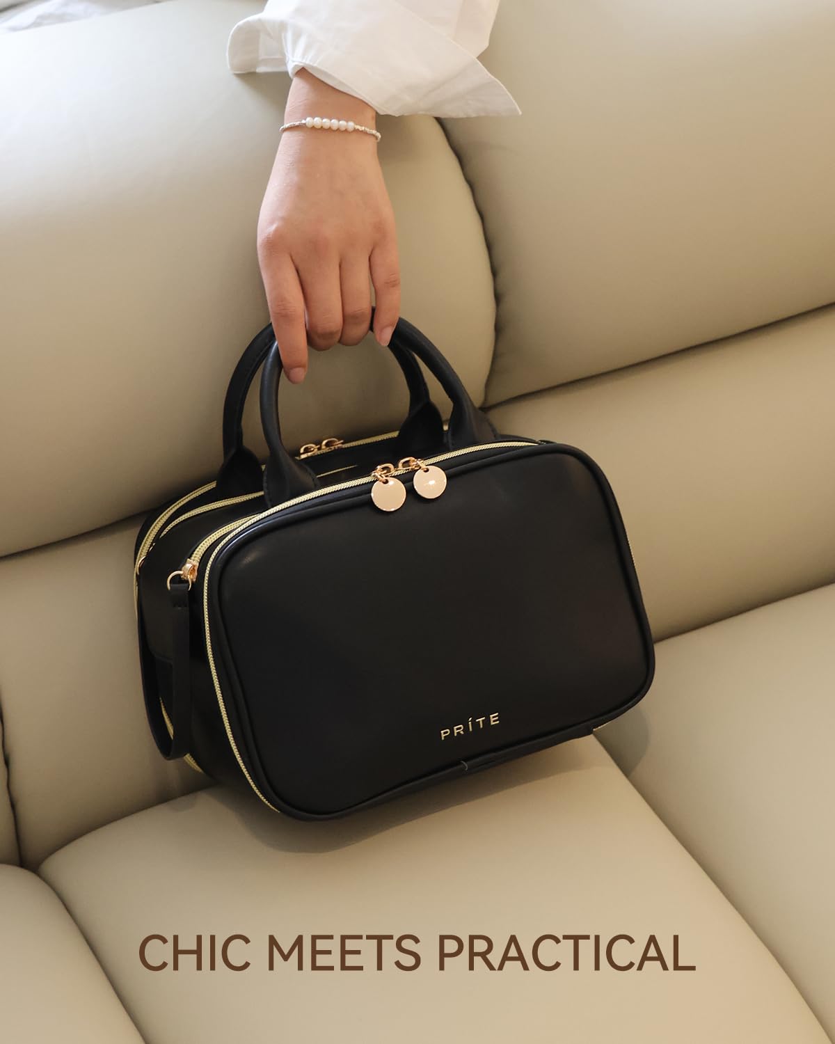 Prite Large Makeup Bag, Waterproof Travel Cosmetic Case with Brush Holder