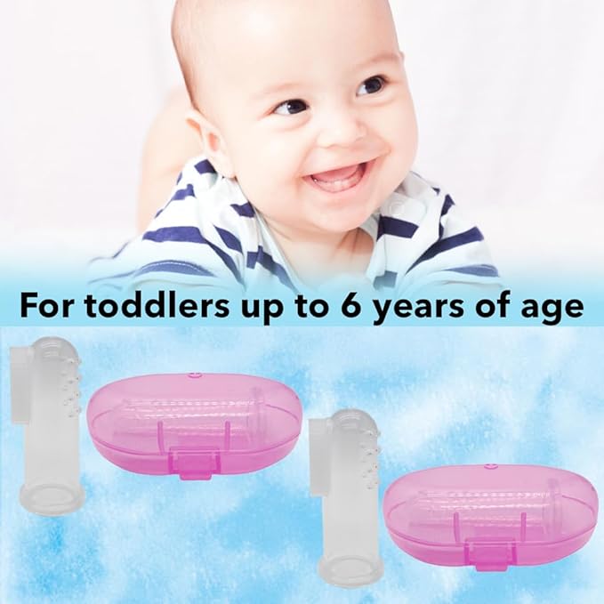 Gadgetime USA Baby Finger Toothbrush (Set of 2) - Silicone Baby Toothbrush with 2 Cases in Pink - Toddler Training Toothbrush - Newborn Oral Massager - Easy Oral Hygiene for Kids & Pets (Pink)