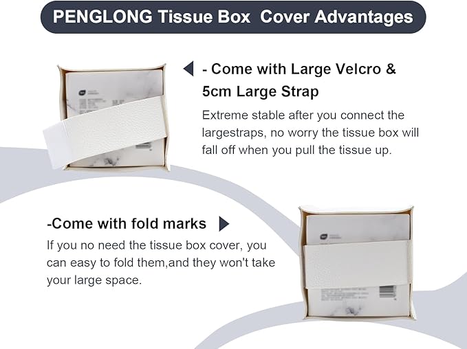 PENGLONG Tissue Box Cover 5X5X5'' PU Leather Tissue Holder Square Tissue Cube Box Organizer for Bathroom Vanity Countertop, Car, Night Stands, Office, Home, Kitchen (1Pack, White)