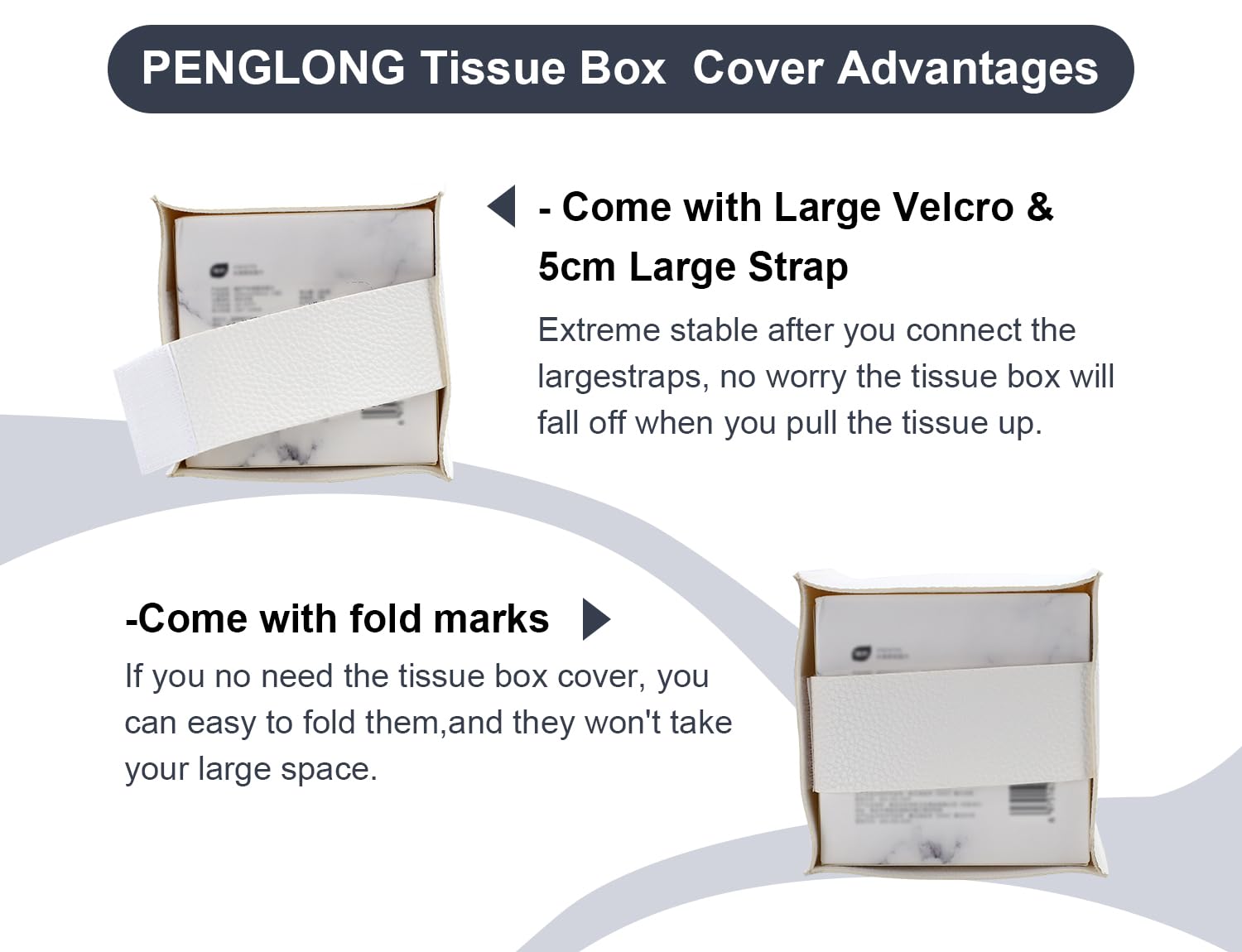 PENGLONG Tissue Box Cover 5X5X5'' PU Leather Tissue Holder Square Tissue Cube Box Organizer for Bathroom Vanity Countertop, Car, Night Stands, Office, Home, Kitchen (1Pack, White)