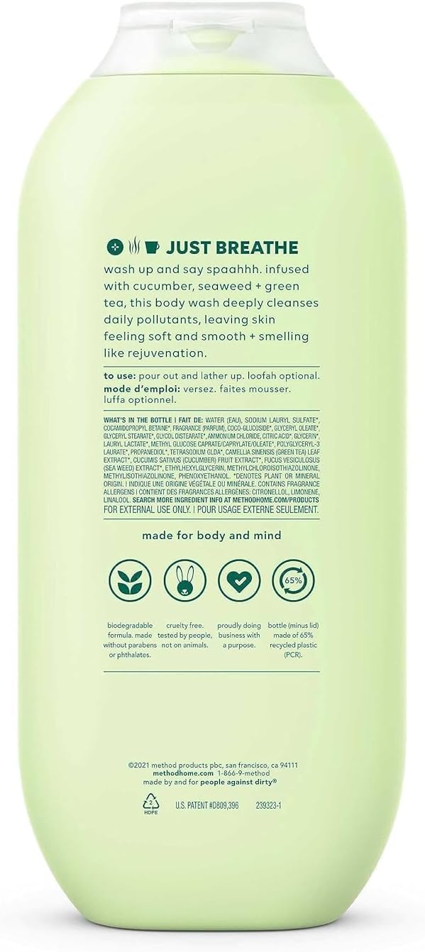 method Body Wash, Daily Zen - Leaves Skin Feeling Soft & Moisturized, Made Without Parabens, Notes of Cucumber, Seaweed & Green Tea, 18 fl oz - 6 pack