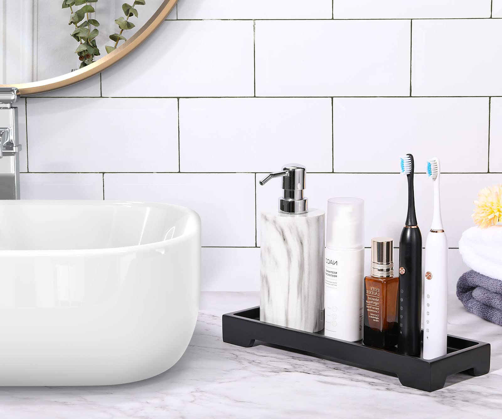 Luxspire Marble Tray for Soap Dispenser Perfume Jewelry, S, Marble Black