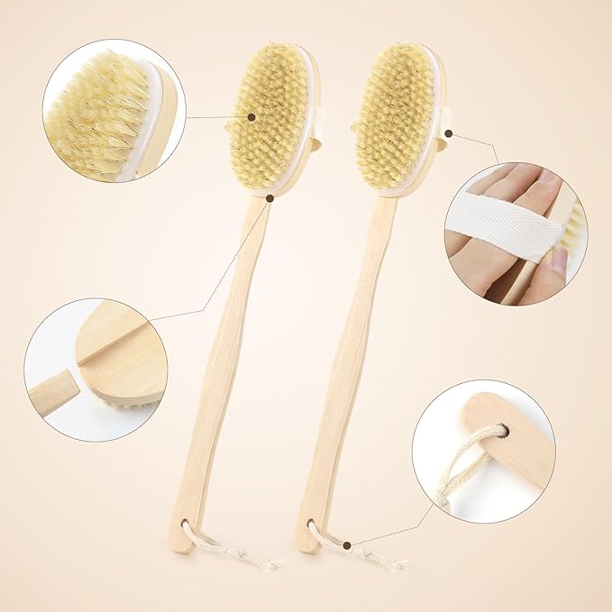 2 Pack Detachable Bath Bristle Brush, Wood Long Handle Dry Brushing Body Brush for Shower