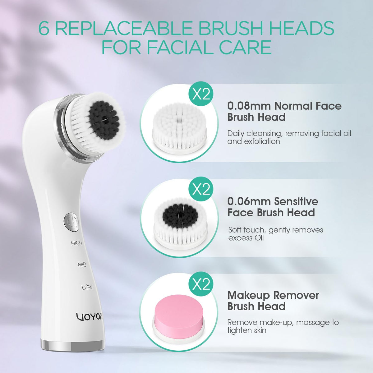 VOYOR Facial Cleansing Brush Electric, Face Brushes for Cleansing, 6 Heads