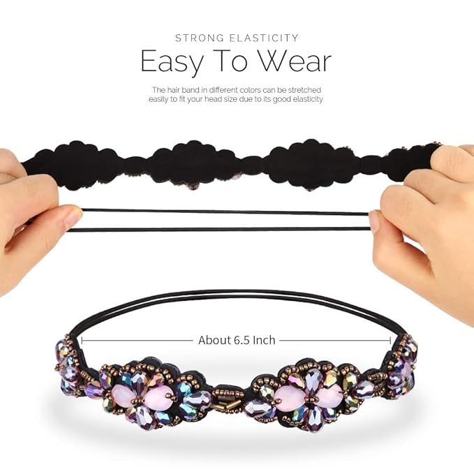 Teenitor 5 Pcs Elastic Beaded Headbands, Jewels Hairband Hat Bands, Crystal Rhinestone Headbands for Women