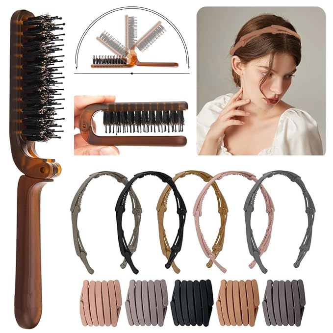 Aozzy 6Pcs Travel Folding Hair Brush With Retractable Pocket Band for Thin/Thick Hair, Boar Bristle Mini Brush for Women Any Hairstyle, Men's Hair/Beard, Great for Purse/Pocket