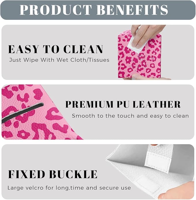 Leopard Print Tissue Box Cover Cute Animal Pink Square PU Leather Waterproof Tissue Box Holder for Car Bathroom Bedroom Office Tabletop Decor