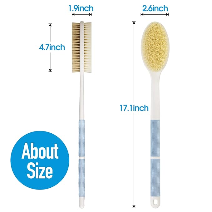 Wonsagain Back Scrubber Anti Slip Long Handle for Shower, Dual-Sided Back Brush with Stiff and Soft Bristles,Body Exfoliator for Bath or Dry Brush.