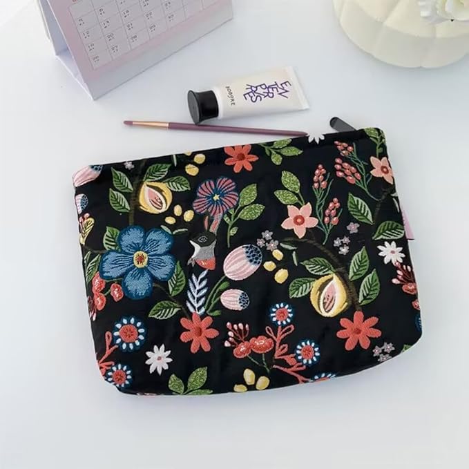 SxoSyo Embroidery Makeup Bag, Floral Cosmetic Bags, Black