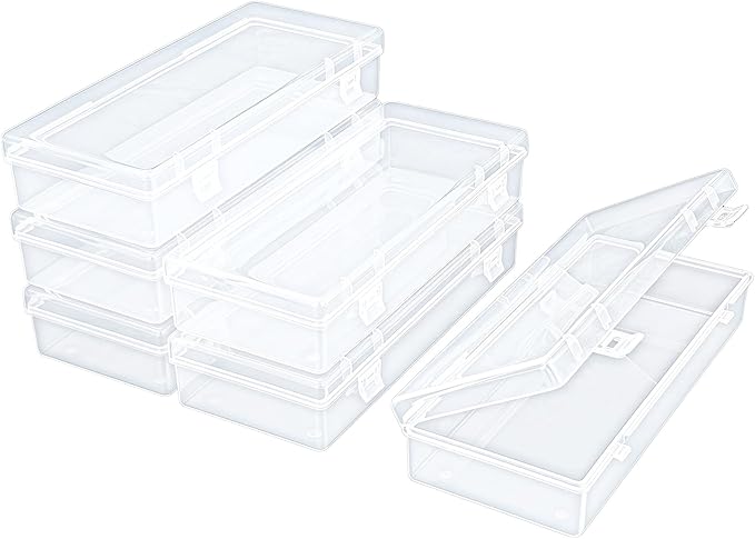 6 Pack Rectangular Clear Plastic Storage Containers Box with Hinged Lid for Beads and Other Small Craft Items (6.1 x 2.56 x 1.18 inch)