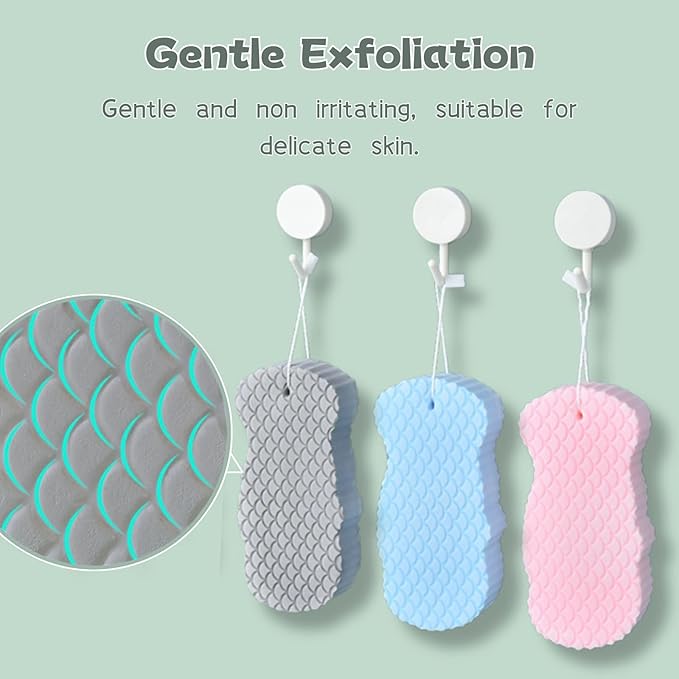 3Pcs Magic Exfoliating Bath Sponge, 3D Super Soft Exfoliating Bath Sponge, Reusable Soft Bath Sponge for Dead Skin Removal (Blue+Pink+Gray)