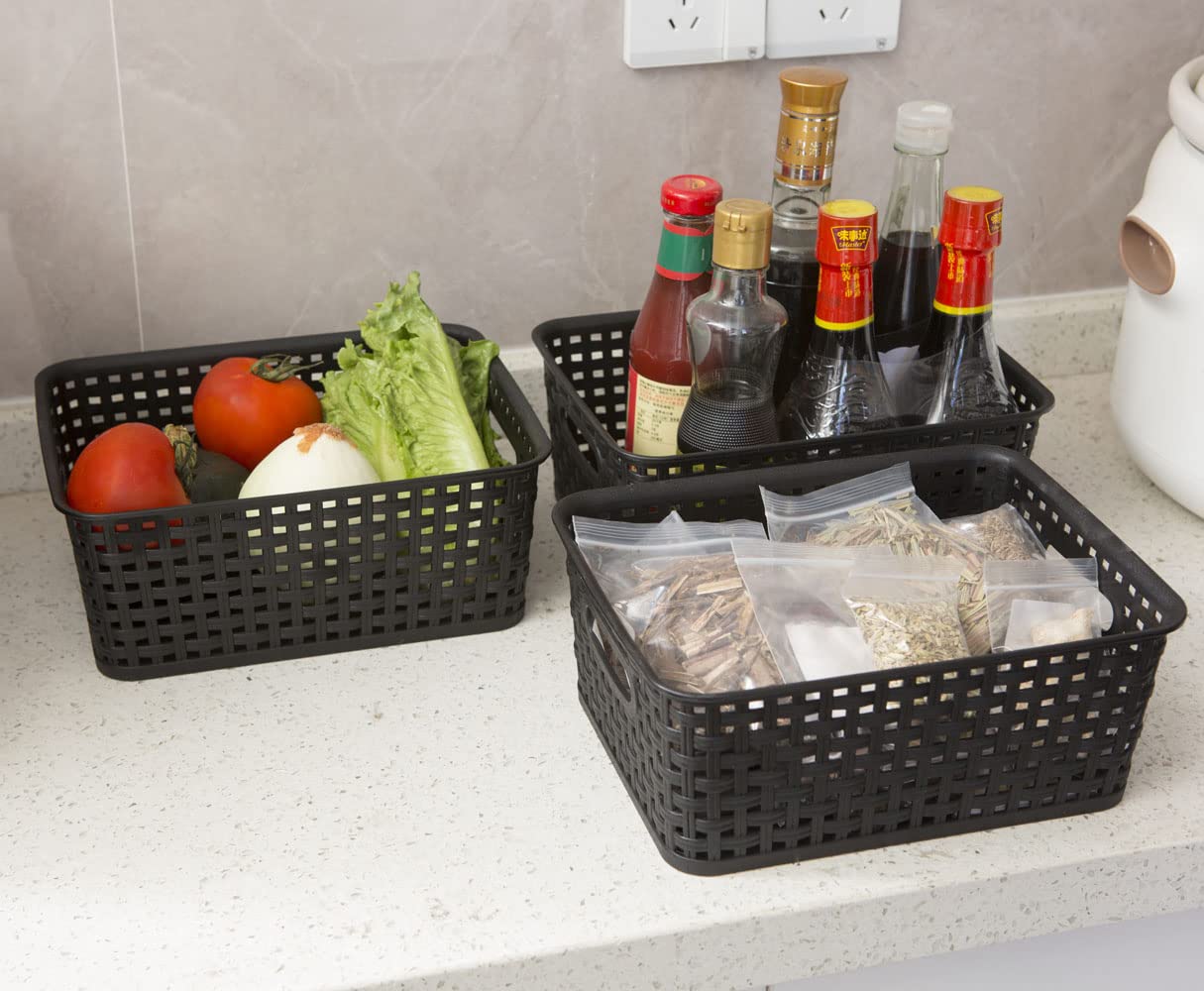 ZHENFAN Black Plastic Woven Storage Baskets, 6-Pack Weave Basket Organizer for Kitchen Office Bathroom