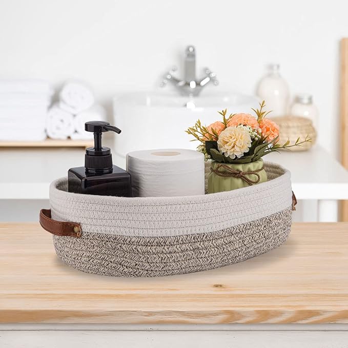 Oradrem Woven Storage Basket for Toilet Tank Top,Farmhouse Home Decor Organizing Basket for Bathroom,Table and Counter 13"x5.9"x4" Apricot Stitching White