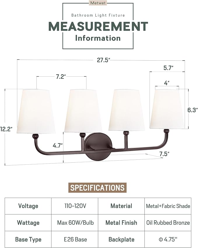 Bathroom Light Fixtures, 4 Light Oil Rubbed Bronze Vanity Lights with Flared White Fabric Shade, 28 Inch Wall Sconce, Vintage Sconces Wall Lighting for Hallway Bedroom, VL837-ORB-4