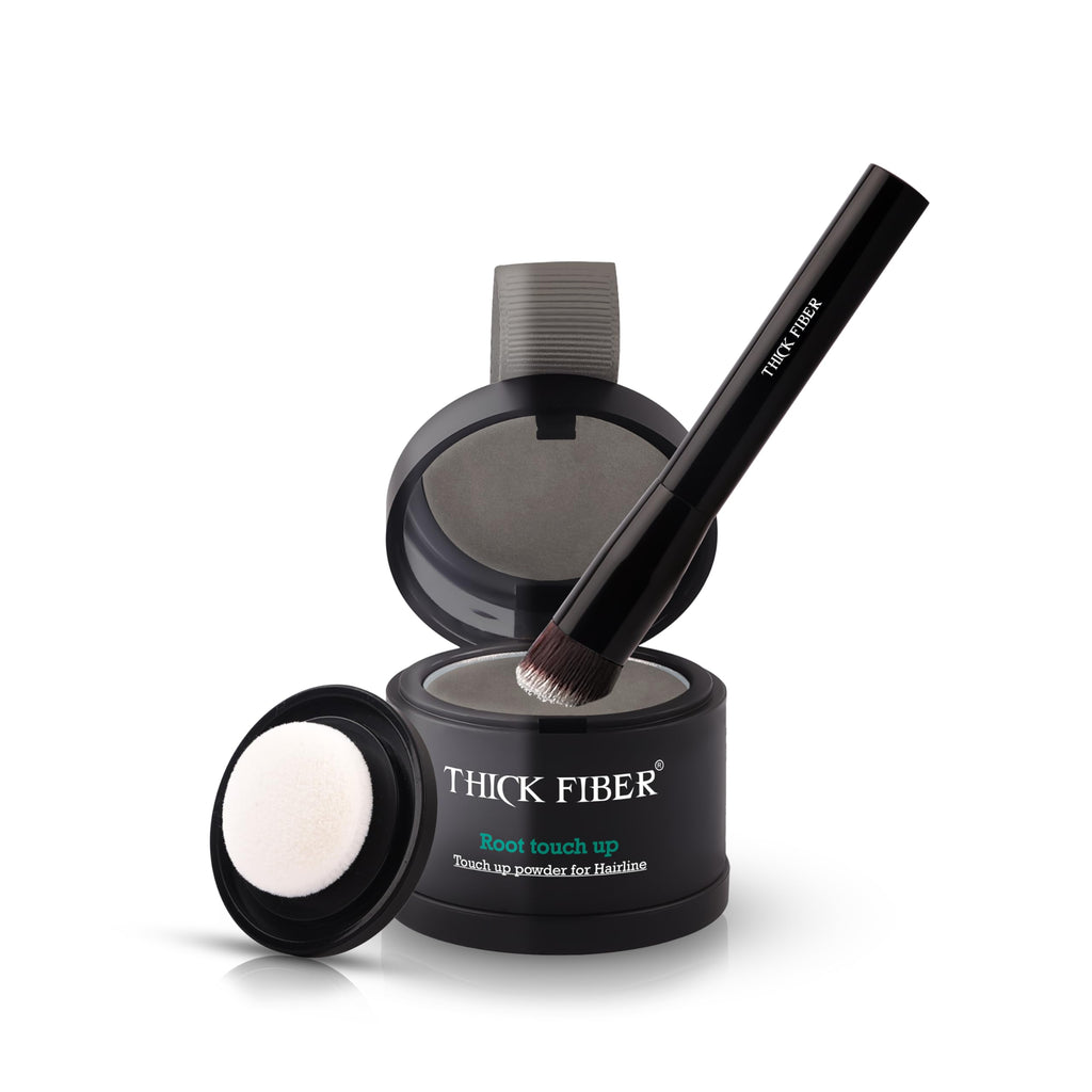 THICK FIBER Root Touch Up Powder, Cover Up Hairline for Thin- Water & Sweat Resistant Hair Loss Concealer Set with for Thinning Hair Women, Includes Brush (Grey)