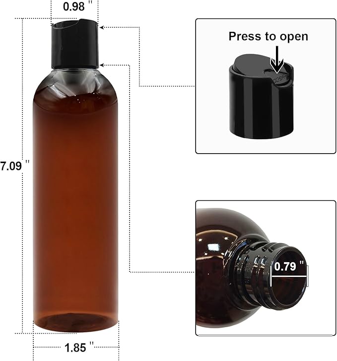 ZLEVEAYN 6 Pack 8 oz Amber Plastic Squeeze Bottles with Black Disc Caps Refillable Empty Travel Containers Bottles for Shampoo Conditioner Toiletries Lotions Oils BPA Free