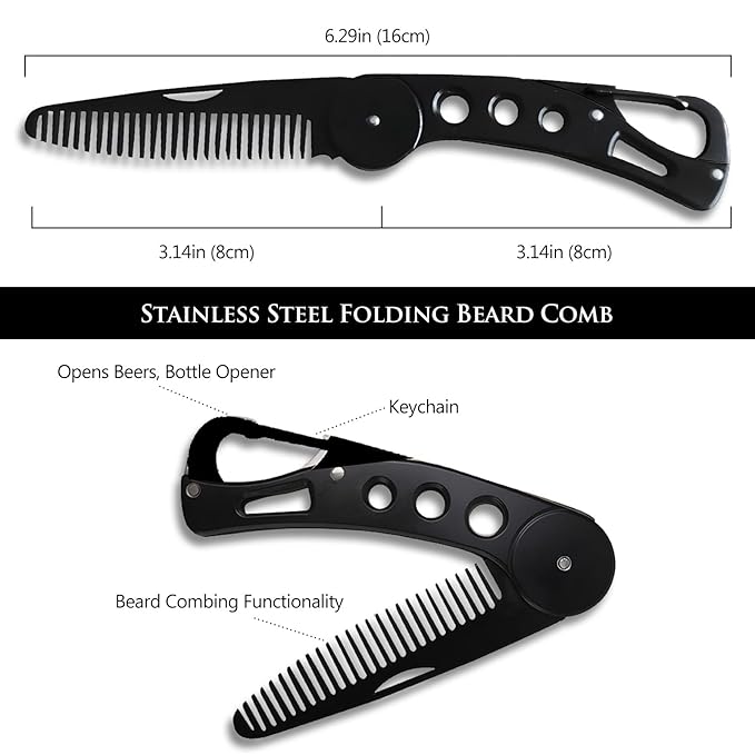 Kootinn Stainless Steel Folding Beard Comb - Portable Multifunction Anti Static Comb with Leather Cover for Men Grooming, Combing Hair, and Mustache Styling