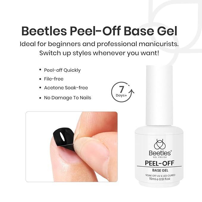 Beetles 2Pcs 15ml Peel Off Base Coat and Top Coat Set, Easy Removal Gel Nail Polish, UV LED Lamp Cured Base, Without Damage for Beginners Weak Thin Nails