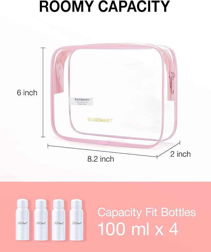 BAGSMART Clear Toiletry Bag 3-Pack TSA Approved Water-Repellent, Pink