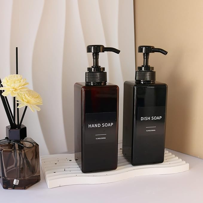 Black Soap Dispenser with Waterproof Labels, Thickened Plastic Hand Soap Dispenser for Bathroom, Kitchen Dish Washing Liquid Bottles, Shampoo and Conditioner Bottles with Funnel (16oz 2Pack Black)