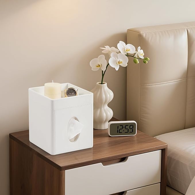 Cretkhp Tissue Box Cover, PU Leather Square Tissue Box Holder with Storage Tray for Bathroom Vanity Countertop Night Stands Bedroom Office Desk, Stylish Tissue Holder Decorative Organizer
