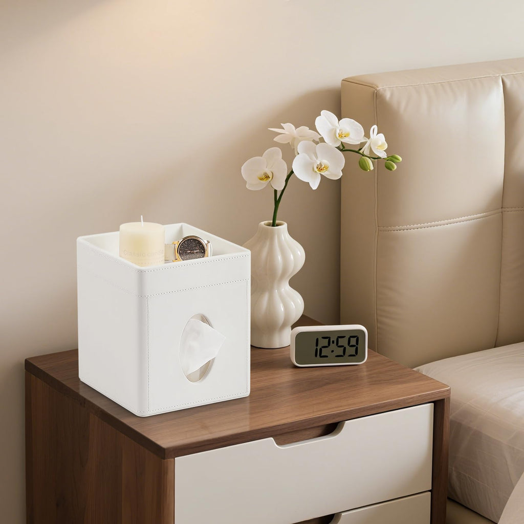 Cretkhp Tissue Box Cover, PU Leather Square Tissue Box Holder with Storage Tray for Bathroom Vanity Countertop Night Stands Bedroom Office Desk, Stylish Tissue Holder Decorative Organizer