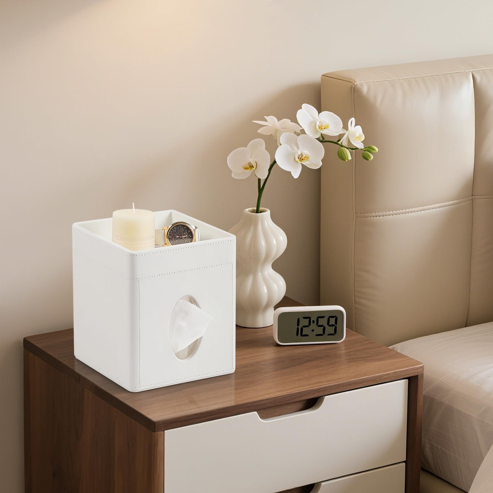 Cretkhp Tissue Box Cover, PU Leather Square Tissue Box Holder with Storage Tray for Bathroom Vanity Countertop Night Stands Bedroom Office Desk, Stylish Tissue Holder Decorative Organizer