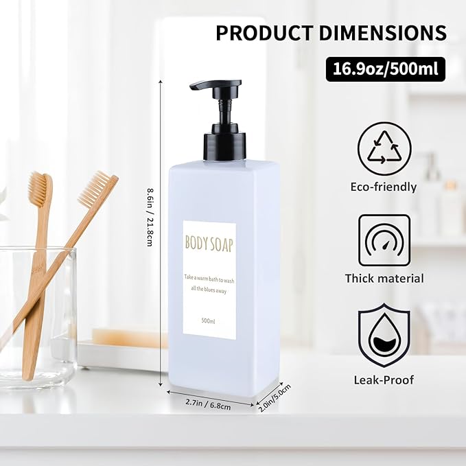 DEROANBOTT Shampoo and Conditioner Dispenser (Set of 2, 16.9oz) Modern Refillable Shampoo Pump Bottles for Shower Soap - Empty Body Wash Dispenser Set for Bathroom (White+Black)