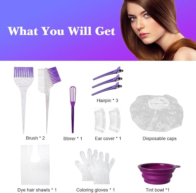 MOONMINI Hair Dye Color Brush and Bowl Set, Color Bowl Brushes Tool Mixing Bowl Kit Tint Comb for Hair Tint Dying Coloring Applicator (Purple&Clear)