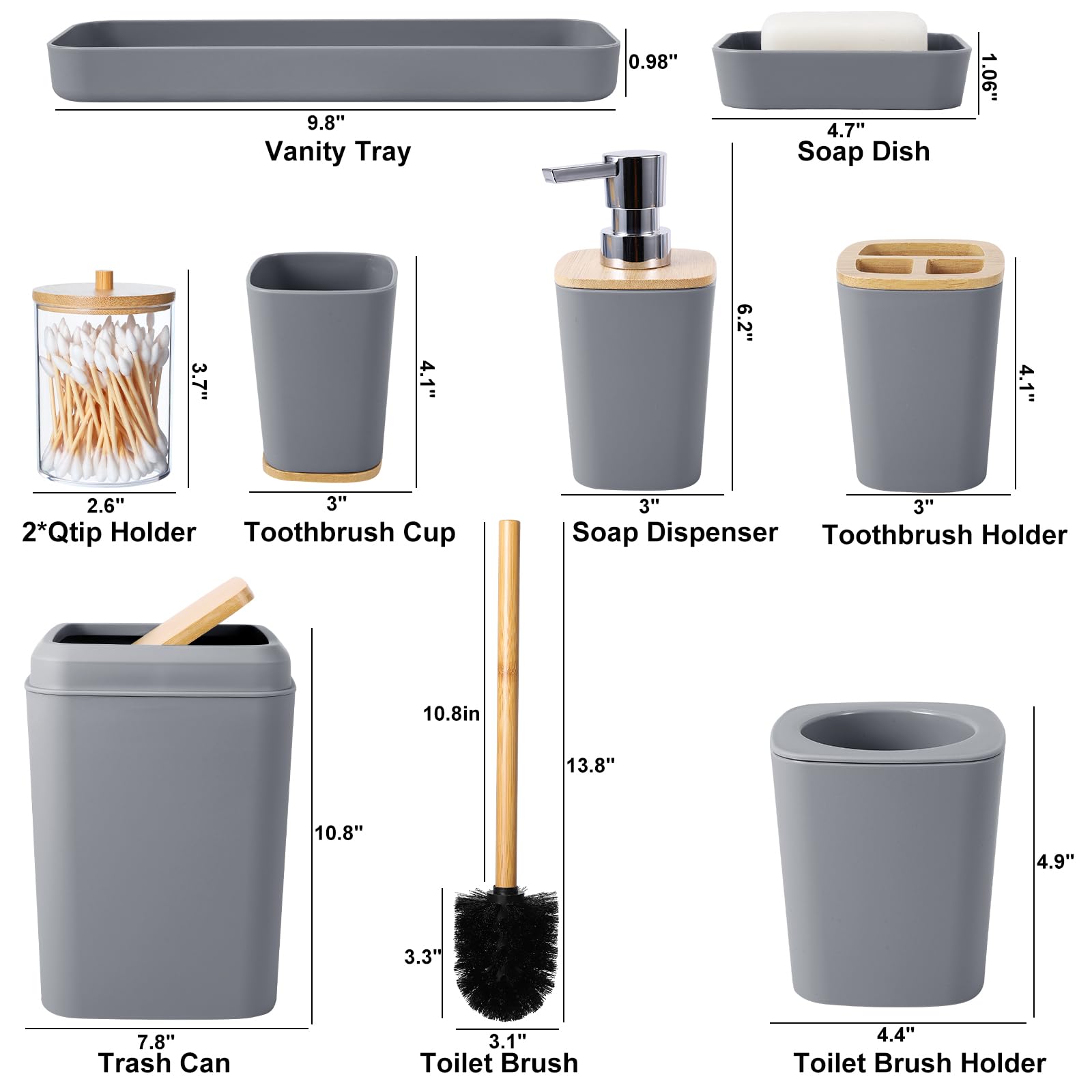 Grey Bathroom Accessories Set with Trash Can 9 Piece Grey Bathroom Decor Toothbrush Holder,Toothbrush Cup,Lotion Soap Dispenser,Vanity Tray,Soap Dish,Toilet Brush,Qtip Holder