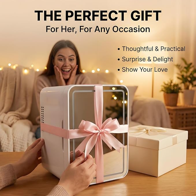Lispin Mini Fridge for Bedroom, 4L Skincare Fridge with Dimmable LED Light Mirror for Dorm & Office, Portable Cooler & Warmer Small Compact Refrigerator for Skincare, Makeup and Cosmetics
