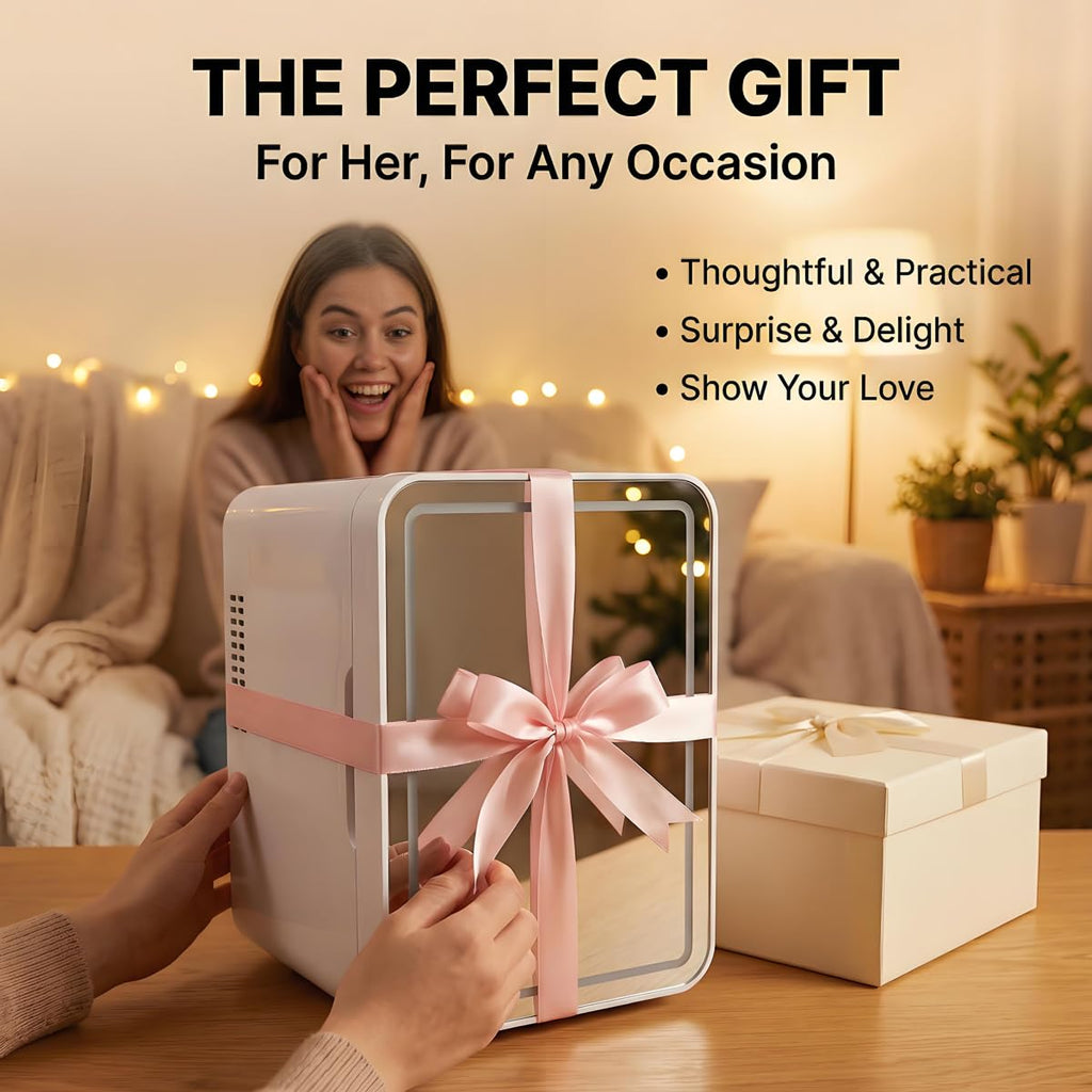 Lispin Mini Fridge for Bedroom, 4L Skincare Fridge with Dimmable LED Light Mirror for Dorm & Office, Portable Cooler & Warmer Small Compact Refrigerator for Skincare, Makeup and Cosmetics