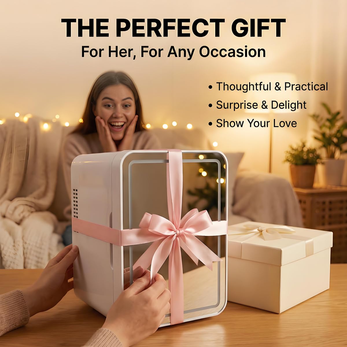 Lispin Mini Fridge for Bedroom, 4L Skincare Fridge with Dimmable LED Light Mirror for Dorm & Office, Portable Cooler & Warmer Small Compact Refrigerator for Skincare, Makeup and Cosmetics