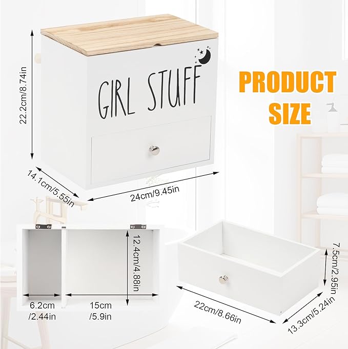 Tampon Holder for Bathroom, Feminine Product Organizer Pad Case with Lid, Pad and Tampon Organizer, Bathroom Accessories Box for Girl Stuff (White with Drawers)