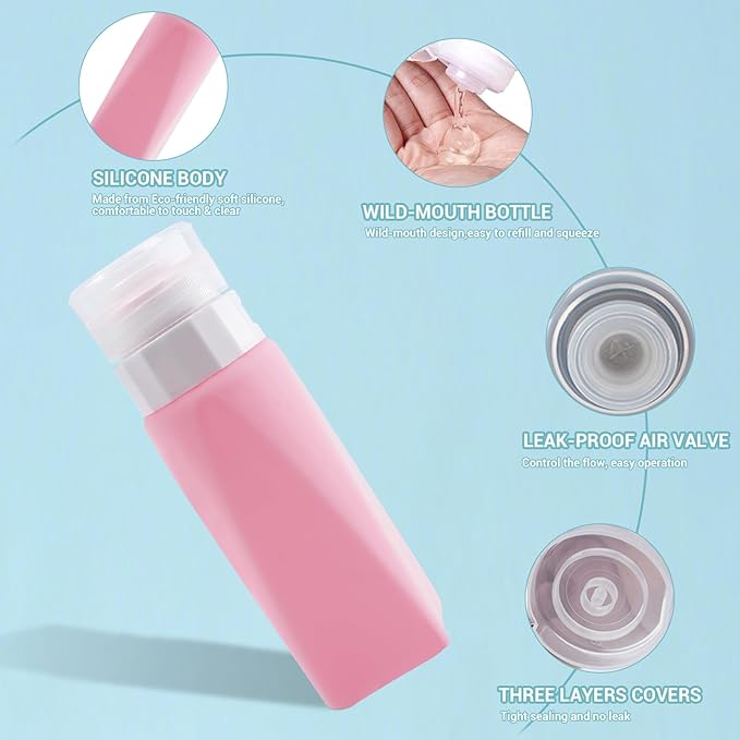 Amphism Travel Bottles Leak Proof,3 oz TSA Approved Silicone Squeezable, Refillable Containers Set for Toiletries Shampoo Conditioner Lotion