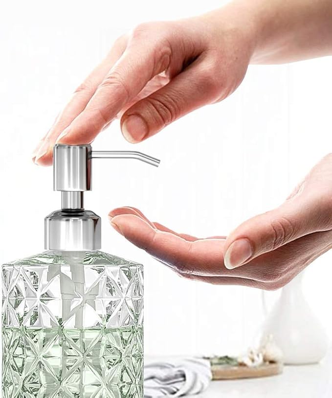 GLADPURE Soap Dispenser - 2 Pack, 12 Oz Clear Diamond Design Glass Refillable Hand Soap Dispensers; with 304 Rust Proof Stainless Steel Pump, Lotion Dispensers for Kitchen, Bathroom