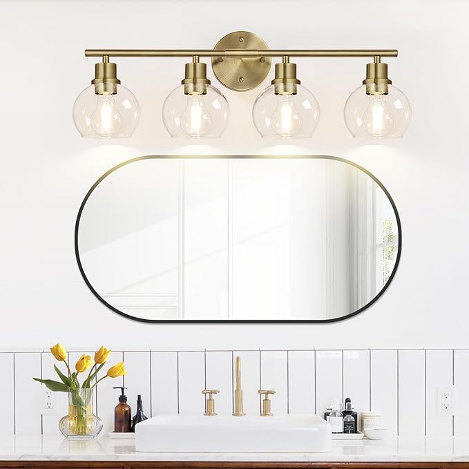 4-Light Bathroom Light Fixtures, Brushed Brass Bathroom Lights Over Mirror with Clear Glass Globe Shade, Vanity Lights for Bathroom Kitchen Living Room Hallway Cabinet Bedroom Porch