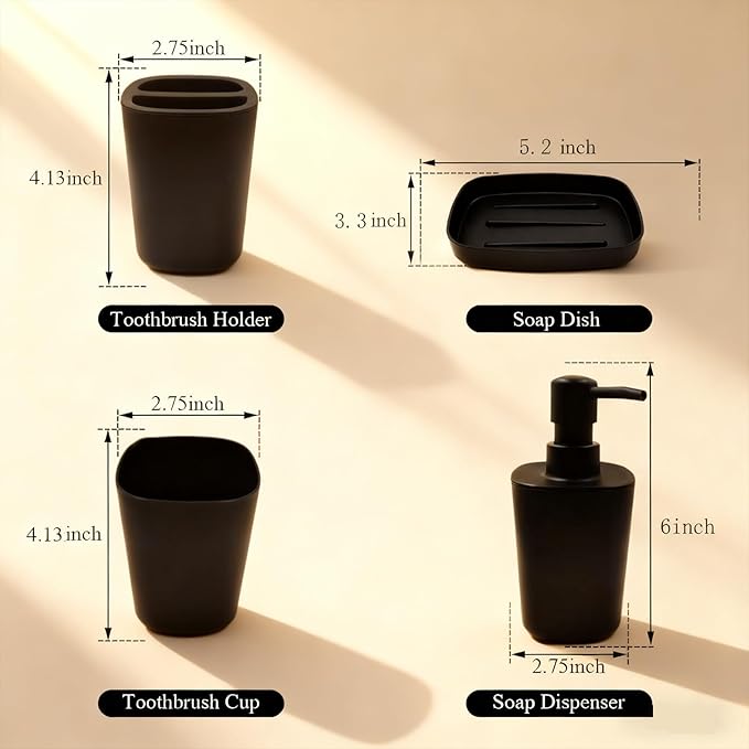 LGURT Matte Black Bathroom Decor Set – 4-Piece Plastic Modern Bathroom Accessories Set with Soap Dispenser, Toothbrush Holder, Rinse Cup & Soap Dish. Countertop Organizer for Home Bathroom Decor