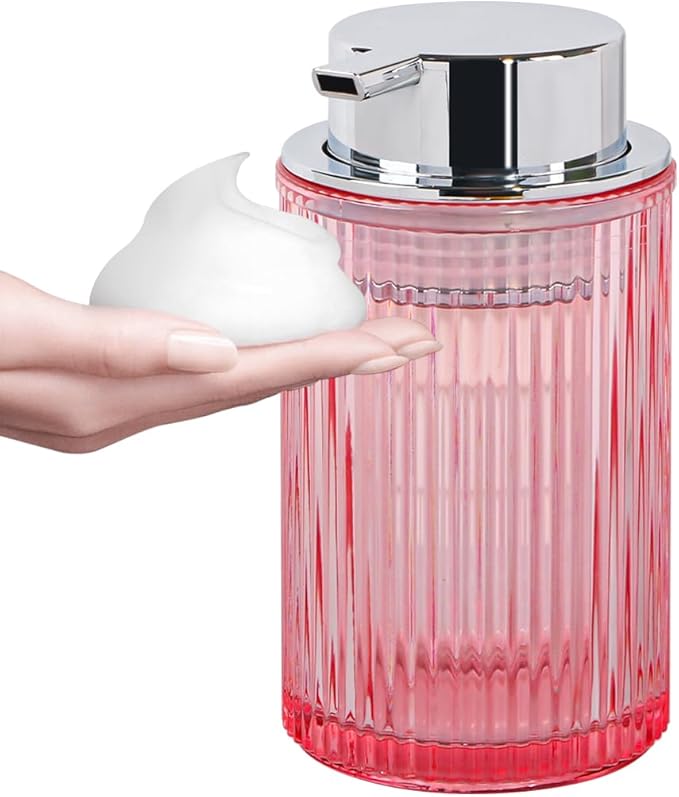 Tonxus Foaming Soap Dispenser, 12 Oz Pink Glass Foam Hand Soap Dispenser, Refillable Lotion Soap Dispenser with Removable Pump for Kitchen Hand Wash Dispenser, Modern Slim Ribbed Bottle for Decor