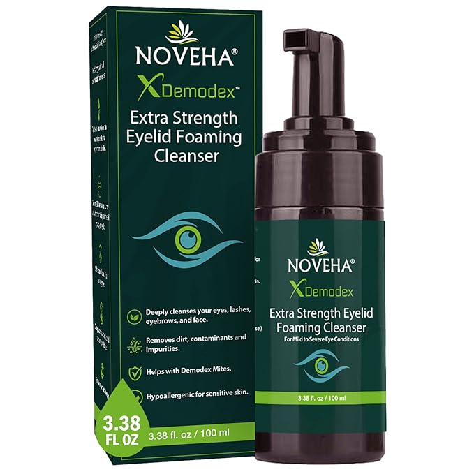 NOVEHA Extra Strength Tea Tree Eyelid & Face Foaming Cleanser – Daily Cleansing Foam with Tea Tree Oil, Coconut Oil, Vitamin E & Pro-Vitamin B5 – For Eyelids, Lashes & Face – 3.38 fl oz (100ml)