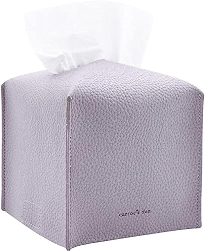 Tissue Box Cover Holder, Square with Bottom Belt by Carrot's Den - PU Leather Decorative Organizer for Tabletop, Bathroom, Car, Office | Lavender