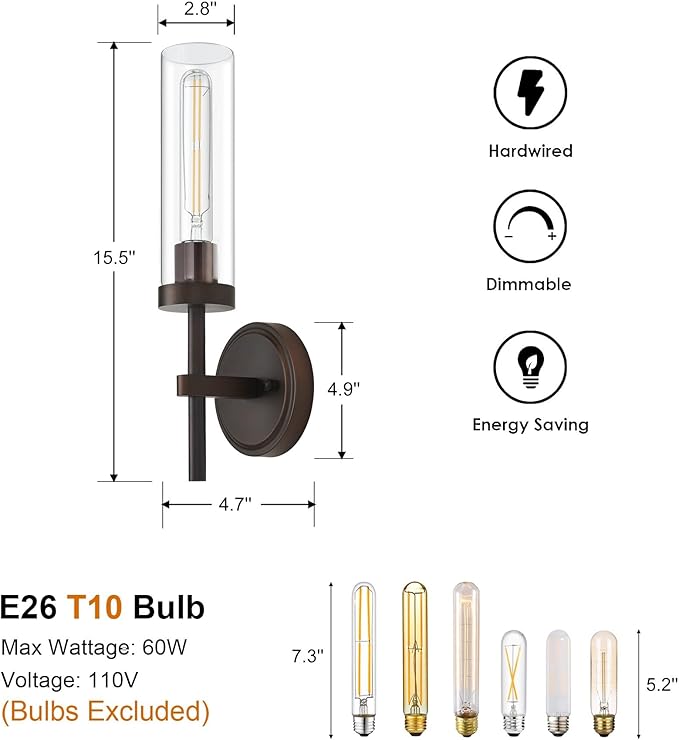 SANTOSTOCK Oil Rubbed Bronze Wall Sconces Set of Two, Bathroom Wall Sconces Vanity Lights with Clear Glass Shade, Modern Farmhouse Wall Mount Lights for Mirror Bedroom Living Room Stairwell Hallway