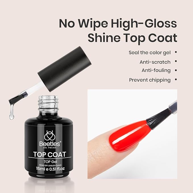 Beetles Gel Top Coat and Base Coat Set - 2 Pcs 15ml No Wipe Top Coat Gel Nail Polish Shine Finish and Long Lasting, Soak Off LED Nail Lamp Finish Nail Art Design Manicure Diy at Home